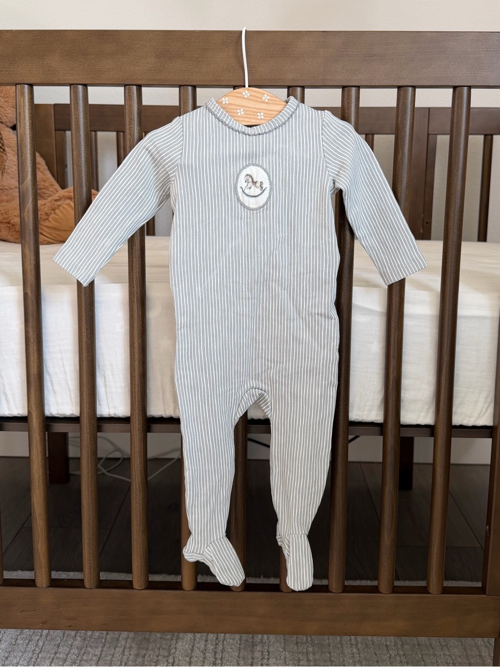 Striped Gray Baby  Footie + bonnet
